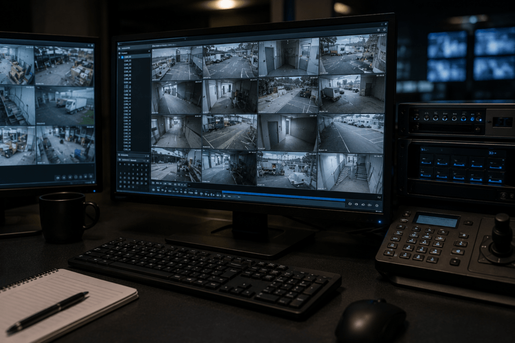 CCTV footage being reviewed on a professional investigation workstation with multiple monitors, digital recording equipment and evidence review software supporting workplace investigations.
